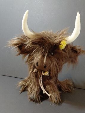 Handmade 12" Shaggy Brown Faux Fur Highland Cow with Yellow Flower & Bell